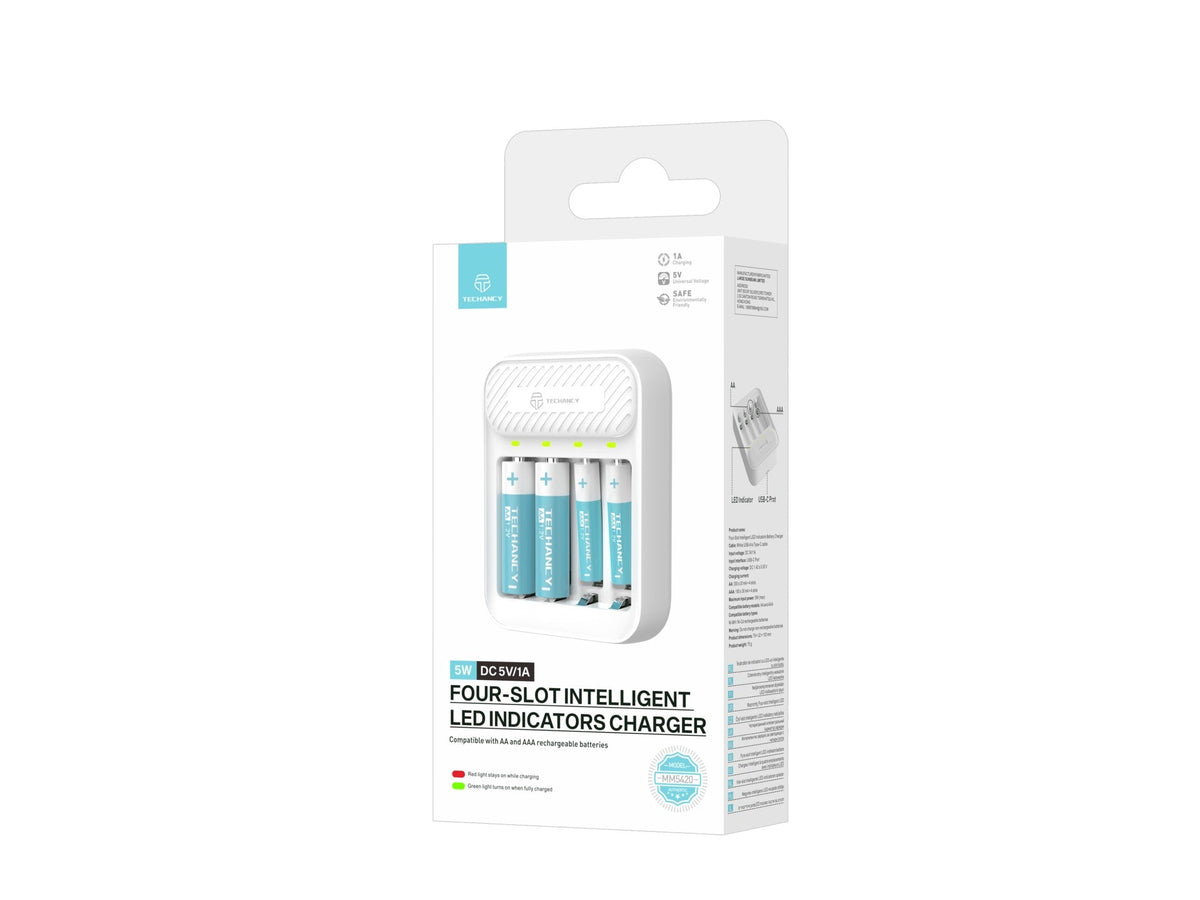 Chargeur de piles Techancy MM5420 à 4 emplacements AA/AAA Ni-MH de 1,2 V avec LED, blanc