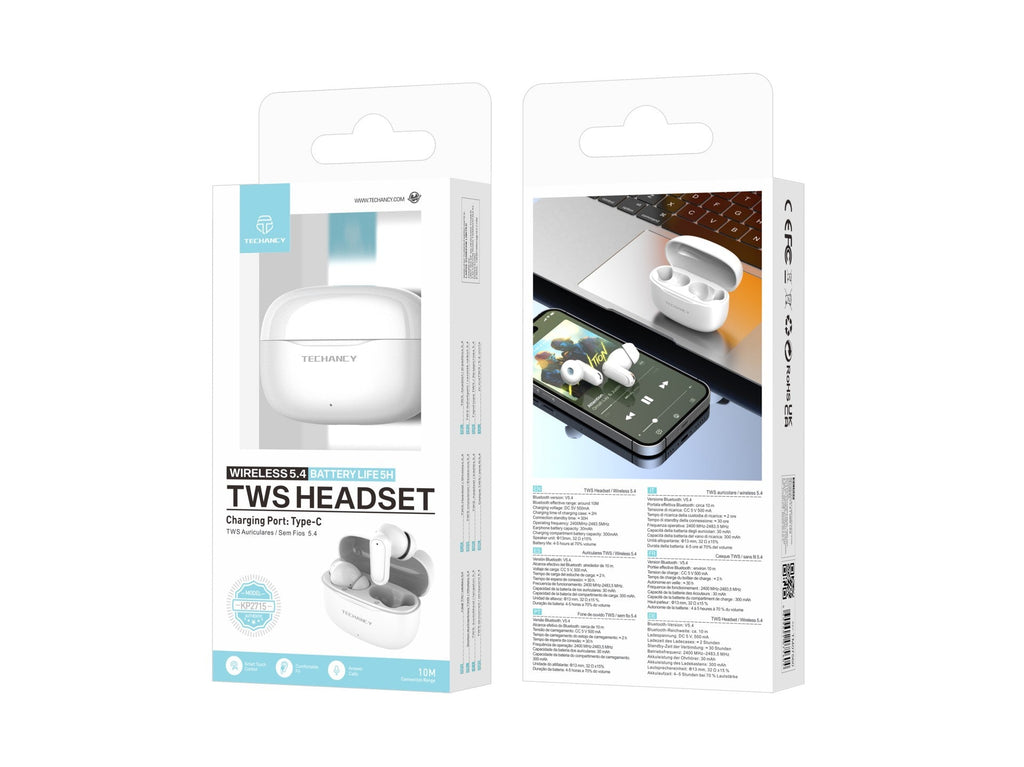Techancy TWS KP2715 Bluetooth 5.4 -kuulokkeet HD-mikrofonilla, valkoiset