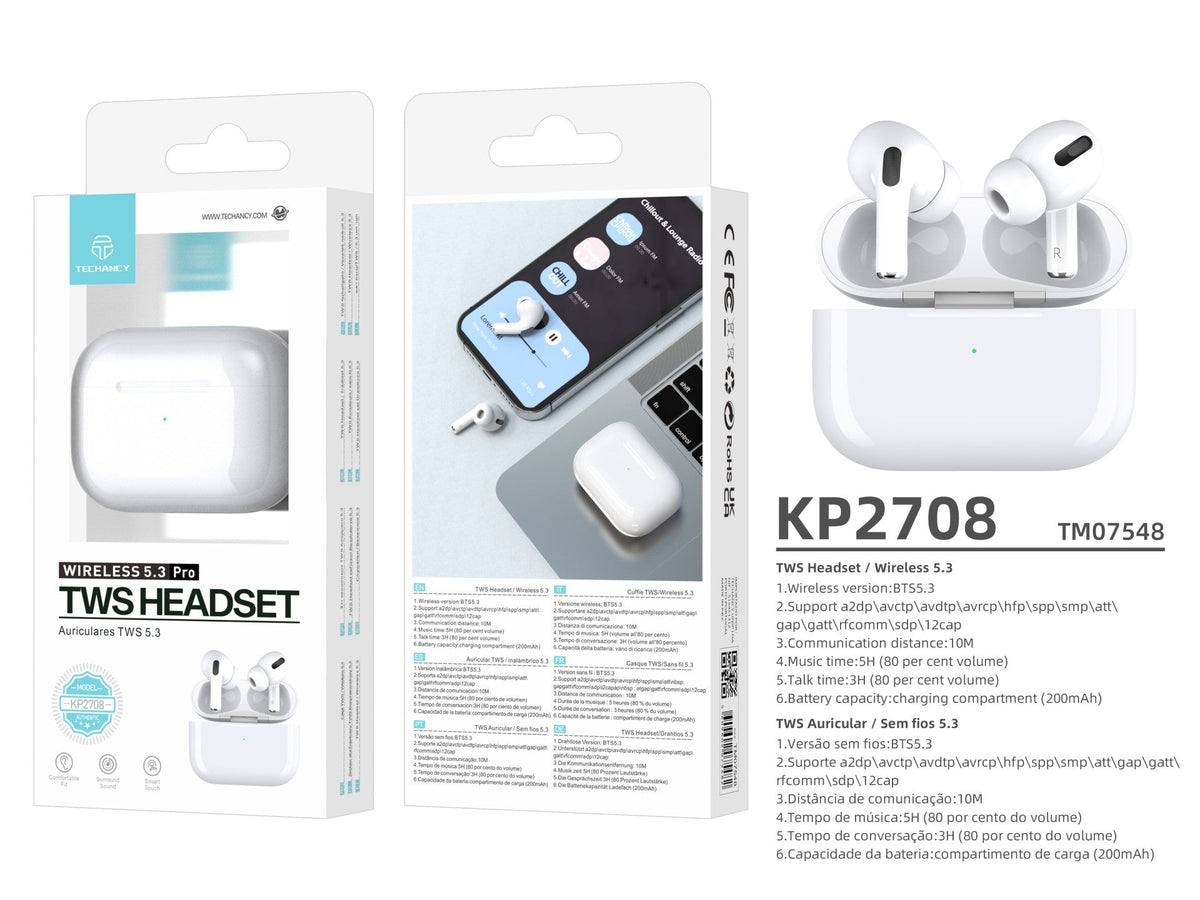 Techancy TWS KP2708 Bluetooth 5.3 -kuulokkeet, valkoiset, jopa 5 t toistoaika