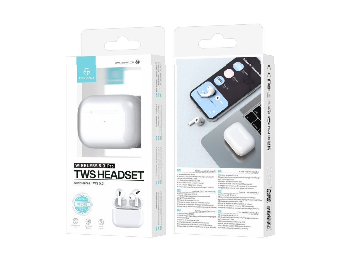 Techancy TWS KP2708 Bluetooth 5.3 -kuulokkeet, valkoiset, jopa 5 t toistoaika