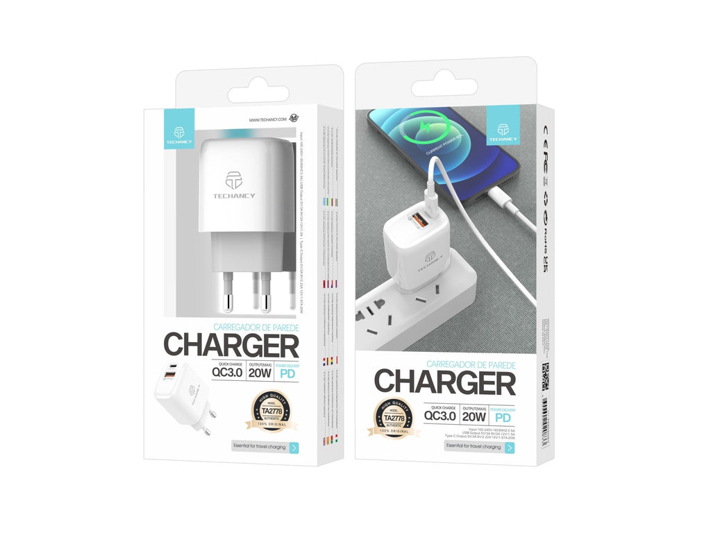Valkoinen Techancy TA2801 20 W -laturi PD- ja QC 3.0 -pikalatauksella