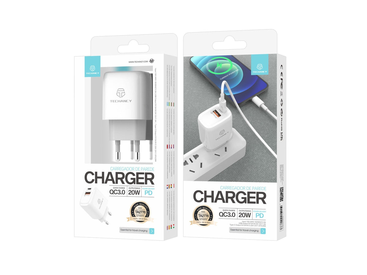Valkoinen Techancy TA2801 20 W -laturi PD- ja QC 3.0 -pikalatauksella